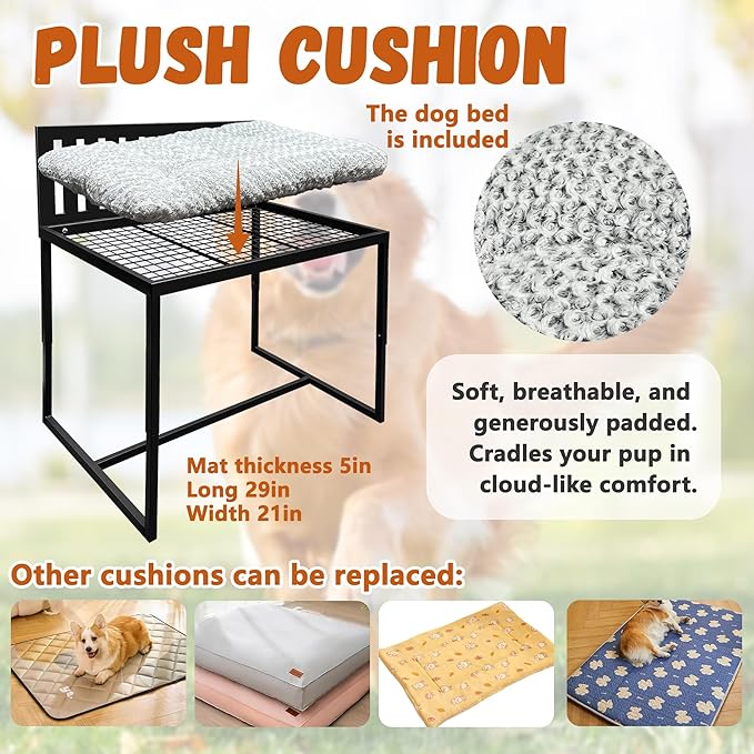 Beside Dog Bed,Adjustable Height Dog Bunk Beds,25.5‘’x18‘’Metal Dogs Bed Frame with Cushion,Medium