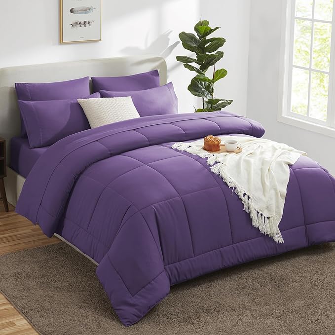 CozyLux Queen Comforter Set Purple, 7 Pieces Bed in a Bag, Purple Comforters Queen Size, All Season Bedding Sets with Stitch Quilted Comforter, Flat Sheet, Fitted Sheet, Pillowcases