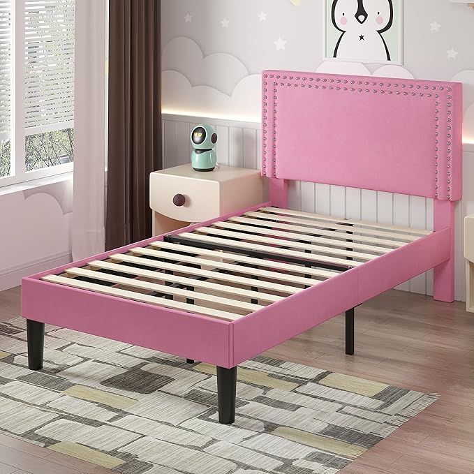 VECELO Twin Size Platform Bed Frame with Height Adjustable Upholstered Headboard, Modern Mattress Foundation,Strong Wood Slat Support, No Box Spring Needed, Easy Assembly,Pink