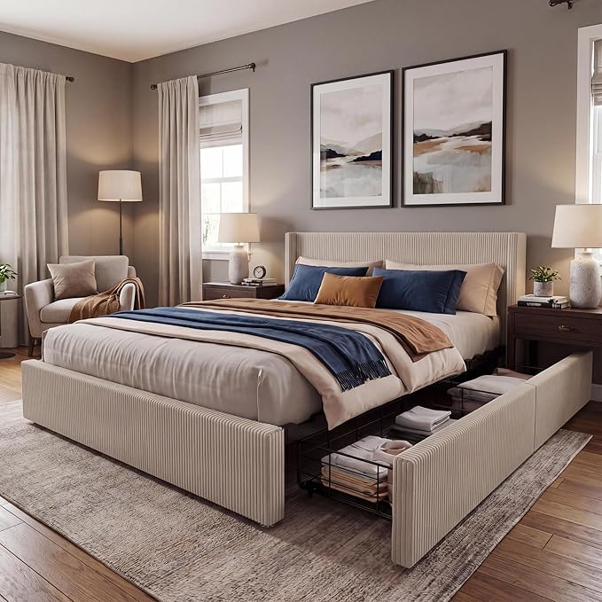 Garvee Bed Frame King Size with 4 Storage Drawer, Bed Frame with Headboard and Corduroy Vertical Channel Tufted Wingback, Sturdy Wooden Slats Support, Noise Free, Beige