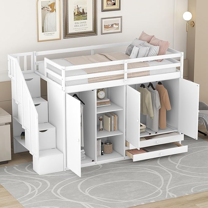 Twin Loft Bed With Stairs and Storage, Wood Frame With 2 Wardrobes, Drawers, Shelves, and Staircase for Kids Teens Adults, White