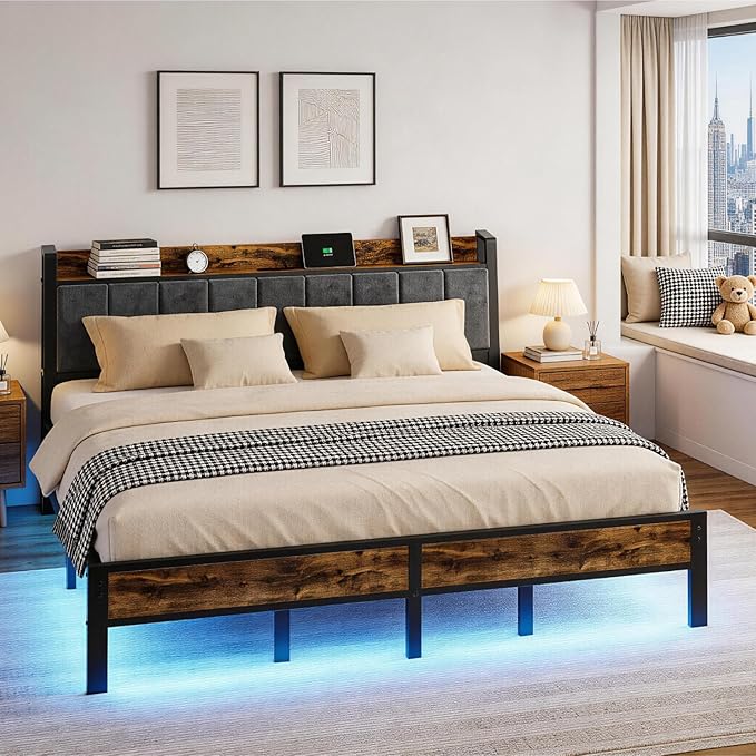 King Size Bed Frame with Charging Station, Storage Headboard with Smart LED Lights, Metal Platform Bed Frame with USB Ports, Noise Free, No Box Spring Needed, Easy Assembly