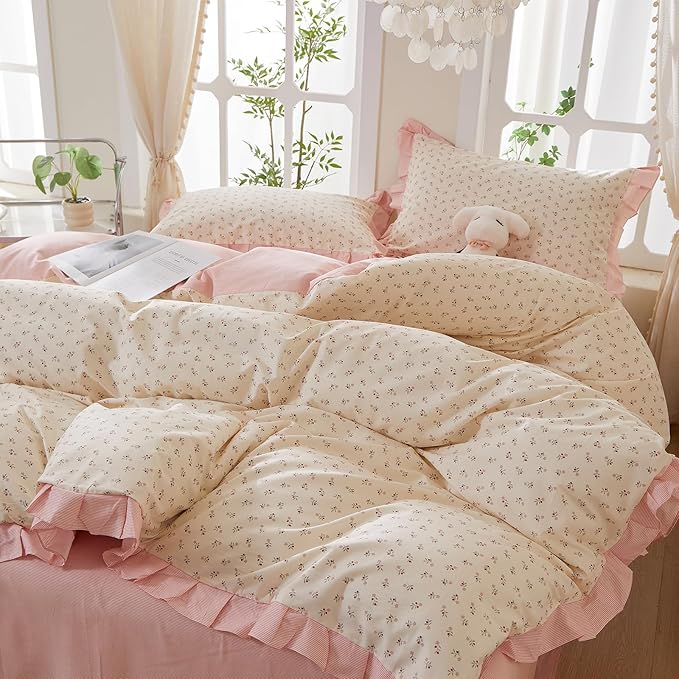 mixinni Pink Floral Duvet Cover Set Twin XL Size – 100% Cotton Ruffle Lace Bedding, Romantic Blushing Flower Print, Reversible Striped Pattern, Cottagecore Soft Aesthetic Princess Bedding for Girls
