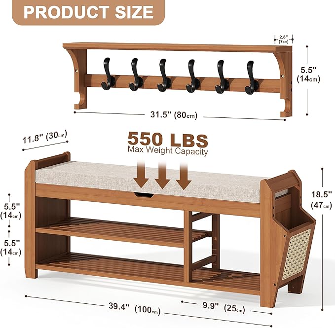 PETKABOO 39.4" Bamboo Shoe Rack Bench with Coat Rack, 3-Tier Entryway Bench with Thick Cushion, Flip-Top & Side Baskets, Holds Up to 550 LBS for Hallway, Living Room, Bedroom