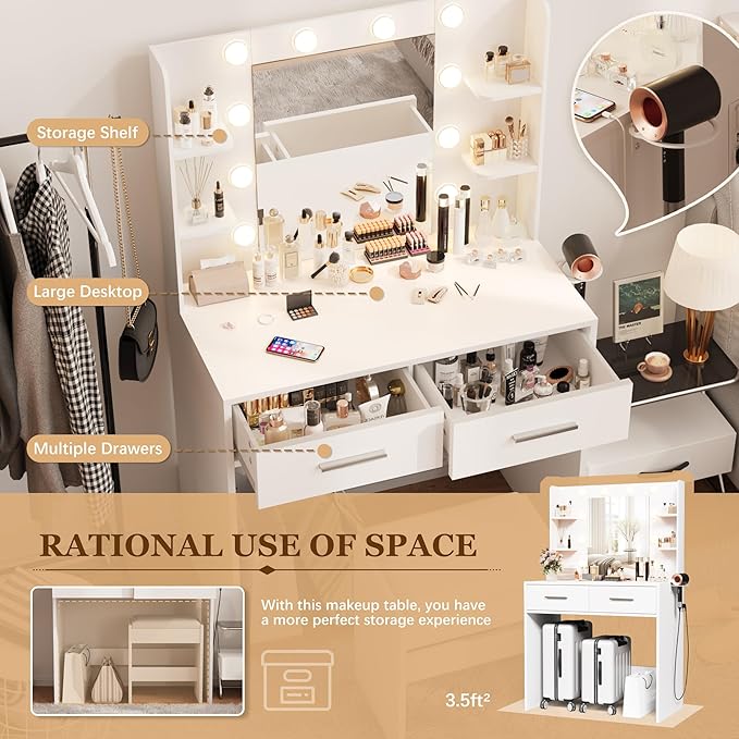 Furmax Make up Vanity Desk with Mirror and Power Outlet, Vanity with 3 Color Light Options Adjustable Brightness,Vanity Desk with 2 Drawers, 6 Storage Shelves (White, No Bench)