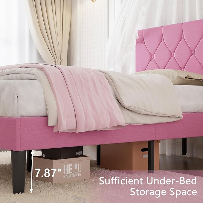 VECELO Twin Size Bed Frame with Button Tufted Headboard, Upholstered Platform Bedframe with Wood Slat Support, No Box Spring Needed, Linen Pink