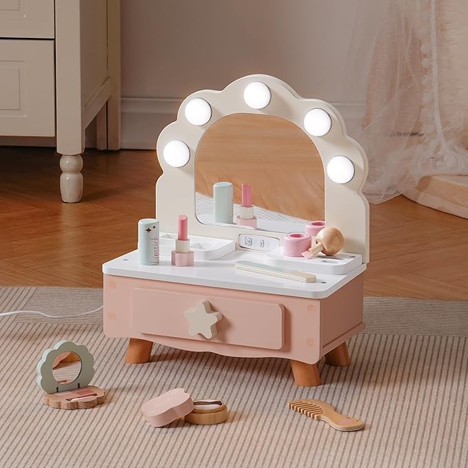 ROBOTIME Toddler Vanity Makeup Table Toy with Mirror & Light, Wooden Kids Makeup Vanity Set, Dressing Table with Accessories and Lights, Pretend Makeup Set for Little Girls