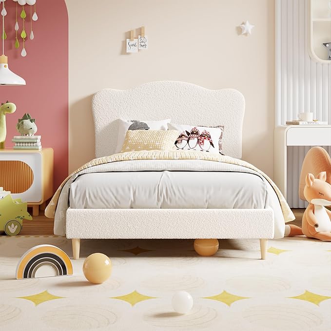 GarveeHome Upholstered Twin XL Size Bed Frame for Kids with Scallop Headboard, Cute Velvet Twin XL Bed for Girls, Boys, Sturdy Platform Bed, No Box Spring Needed, Wooden Slats, Noise Free, Beige