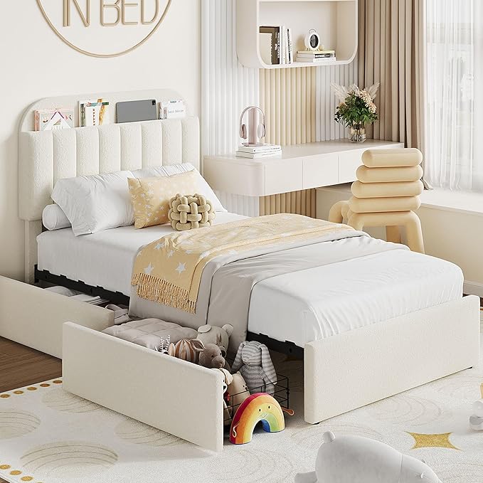 Garvee Twin Size Bed Frame with 2 Flexible Drawers, Boucle Upholstered Platform Bed Frame with Bookcase Headboard, Bedframe for Kids/Girls, Easy Assembly, No Box Spring Needed, Noise Free, Beige