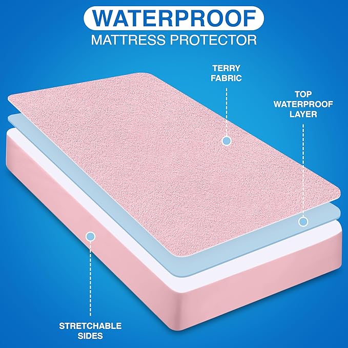 Utopia Bedding Waterproof Mattress Protector, Premium Terry Mattress Cover 200 GSM, Breathable, Fitted Style with Stretchable Pockets (Pink, Crib)