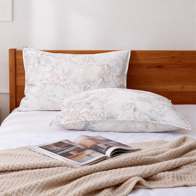 CHUFFED 100% French Linen Pillow Cases Beige Iris Print, Farmhouse Floral Stone Washed Pillow Shams with Envelope Closure Soft Breathable Vintage Pillow Covers for Decor,20x36 inches