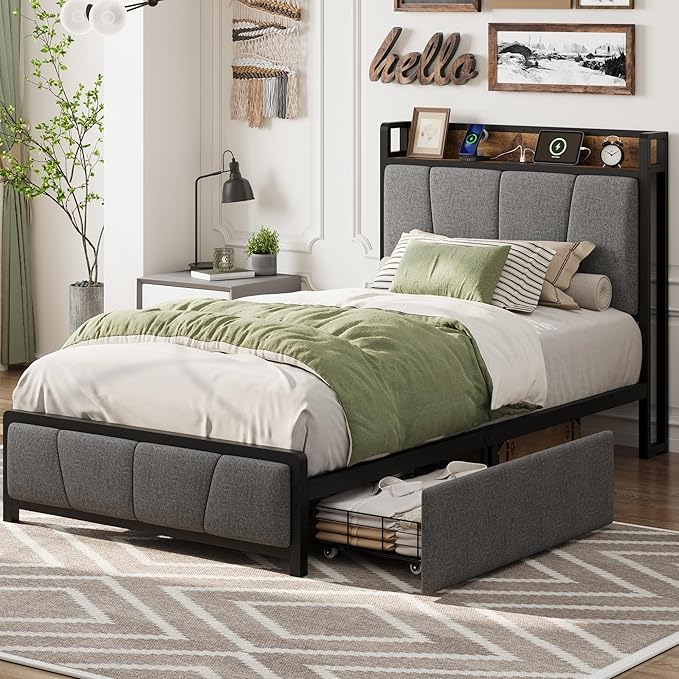 Twin-XL Size Bed Frame with 2 Storage Drawers and Charging Station, Rustic Linen Upholstered Platform Bedframe with Storage Headboard, Heavy Duty, No Box Spring Needed, Easy Assembly, Noise Free