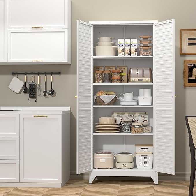 SteeLoong Kitchen Pantry Cabinet,75" Metal Storage Cabinet with Doors and 4 Adjustable Shelves,White Tall Locker Organizer Steel Garage Cabinets for Tool,File Cabinet for Office,Kitchen,Garage,School