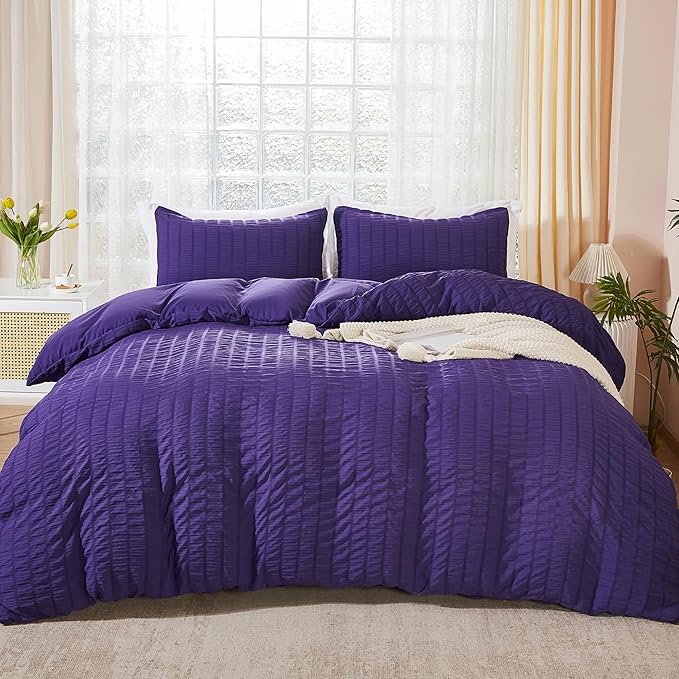 AveLom Dark Purple Duvet Cover Full(80 x 90 inches), 3 Pieces (1 Duvet Cover, 2 Pillow Cases),Seersucker Tripe Soft Washed Microfiber Textured Duvet Cover Set with Zipper Closure, Corner Ties