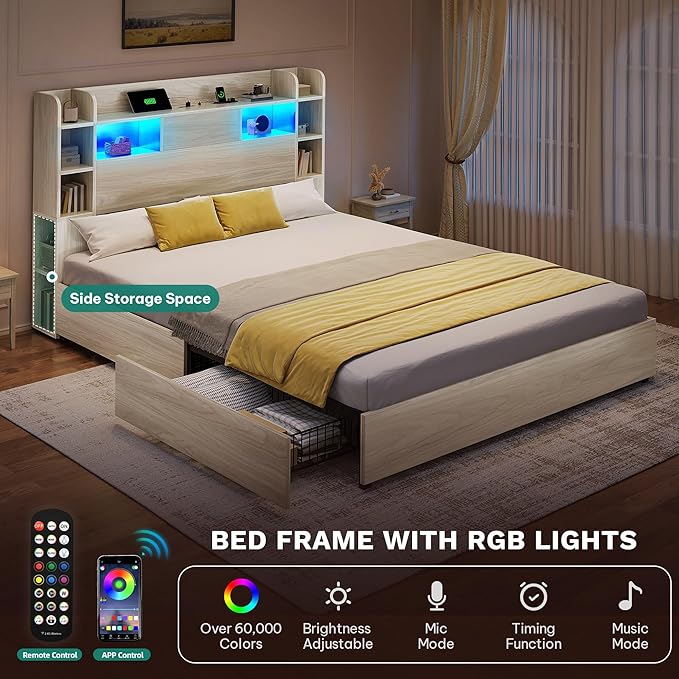 DWVO Queen Size Bed Frame with Bookcase Headboard and 4 Storage Drawers, RGB LED Bed Frame with Type-C & USB Charging Station Storage Headboard Bed, No Box Spring Needed, Noise Free, White Oak