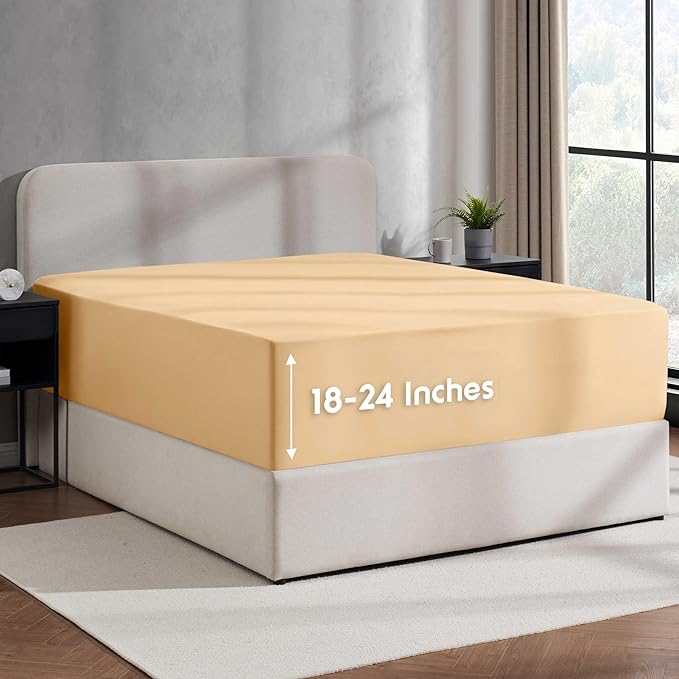 Nestl Camel Gold Extra Deep Pocket Twin XL Fitted Sheet, Luxury XL Twin Fitted Sheet Only Easily Fits 18 to 24 Inch Mattress, Super Soft, Wrinkle-Free, and Breathable Bed Sheets with Corner Straps