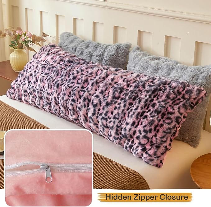 LIFEREVO Leopard Print Fluffy Faux Rabbit Fur Body Pillow Cover 20"x 54", Cheetah Print Waffle Bubble Bed Pillowcase with Zipper, Long Fuzzy Furry Body Pillow Case for Bedroom Pregnant Women, Pink