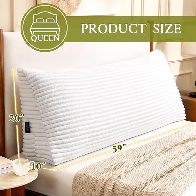 Headboard Pillow Queen, Headboard Wedge Pillow, Back Rest Pillows for Sitting, Reading, Working, Triangle Pillow with Removable Cover, Daybed Pillows for Bed Dorm Sofa, White