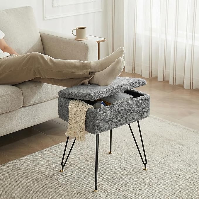 Vanity Stool Chair, Faux Teddy Fur Ottoman Foot Stool with Metal Legs & Adjustable Black Feet, Flip Top Storage Makeup Stool with Soft Padded Seat, Foot Rest for Makeup Room Bedroom, Gray