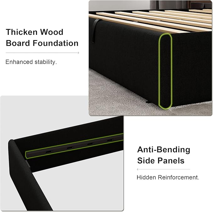 Feonase Full Size Lift Up Storage Bed Frame, Linen Upholstered Platform Bed with Wingback Headboard, Hydraulic Storage, No Box Spring Needed, Black