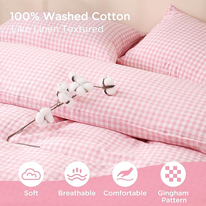 TOCOMOA Pink Gingham Duvet Cover Bedding Set 100% Washed Cotton Like Linen Feel Super Soft Comfortable 2 Piece Cute Plaid Checkered Comforter Cover Set (Twin 68"x90", Comforter Not Included)