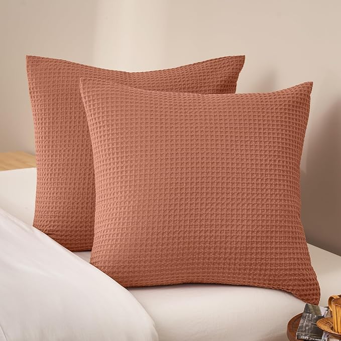 PHF Ultra Soft Waffle Weave Euro Shams Pillow Covers, No Filling, 2 Pack 26" x 26" Bed Cushion Covers, Breathable & Skin-Friendly Bed Pillow Shams for Stylish Home Decor, Burnt Umber