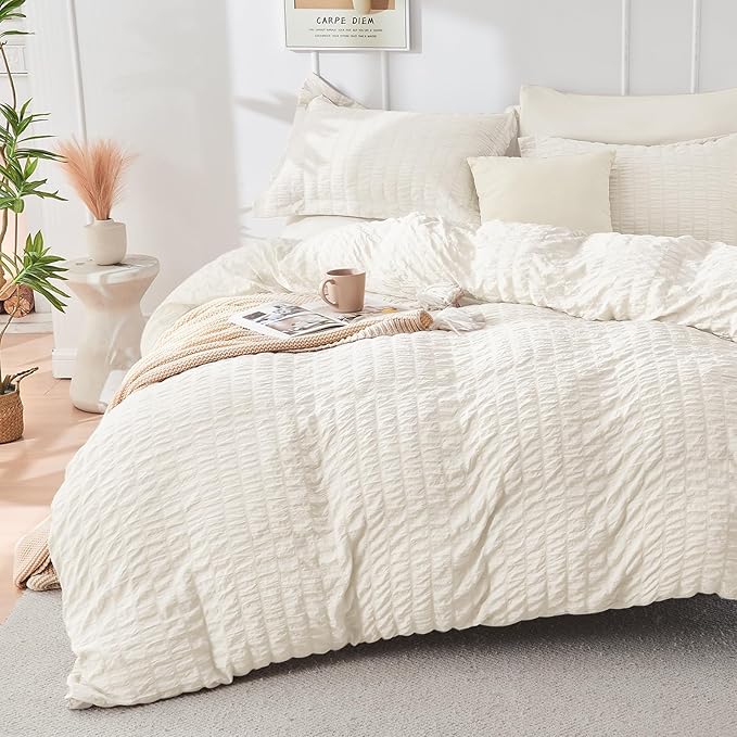 HYMOKEGE Ivory Oversized King Comforter Set Seersucker 7 Pieces, All Season Luxury Bed in a Bag for Bedroom, Bedding Set with Comforter, Sheets, Pillowcases & Shams