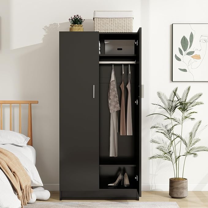 Panana 2 Door Wood Wardrobe Cabinet Closet with Hanging Rail and 2 Shelves, Bedroom Armoire for Storage (Black)
