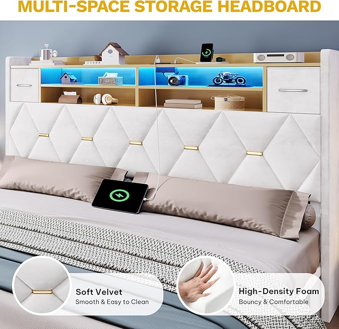 YITAHOME King Size Bed Frame with 2 Storage Drawers and Storage Headboard, Upholstered Platform with Charging Station and LED Light, No Box Spring Needed, Noise Free, Easy Assembly, Velvet White