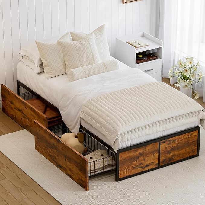 GAZHOME Twin XL Bed Frame with 2 XL Storage Drawers, Metal Platform Bed Frame with Footboard, 9 Strong Metal Slat Support/No Box Spring Needed/Easy Assembly/Space Saving Wood