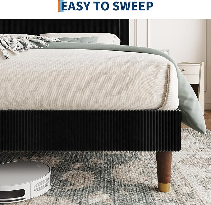 GarveeHome Queen Size Bed Frame with Upholstered Headboard and Strong Wooden Slats Support, Soft Corduroy Fabric Platform Bed, No Boxing Spring Needed, Easy Assembly, Black