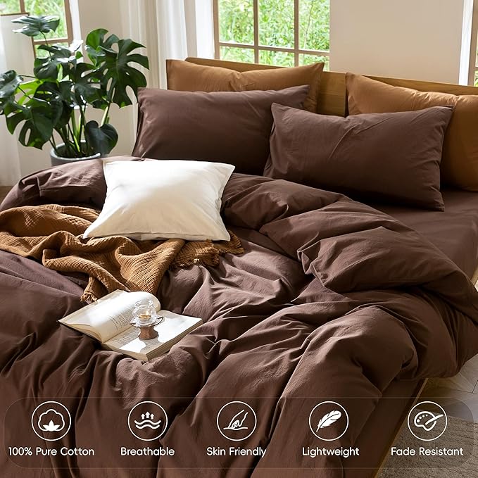 MooMee Bedding Duvet Cover Set 100% Washed Cotton Linen Like Textured Breathable Durable Soft Comfy (Solid Cocoa Brown, Palatial King/Oversized King 120"x98")
