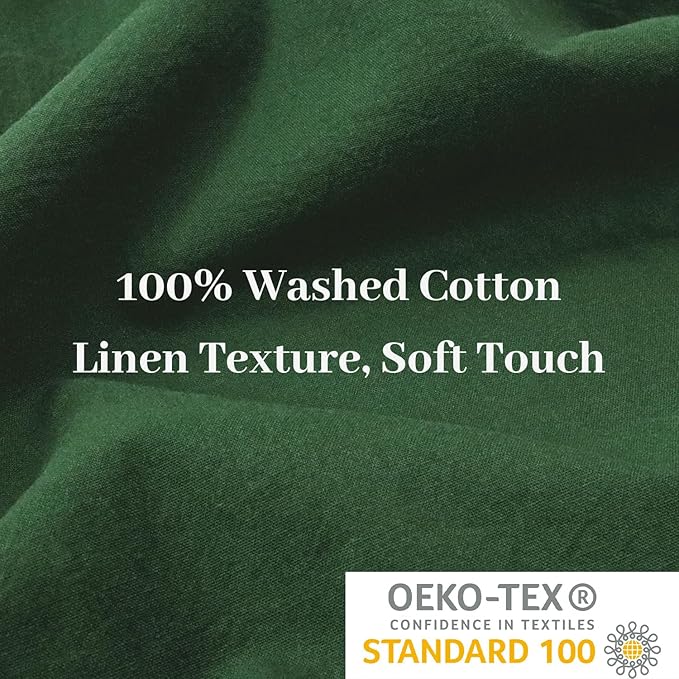 NEXHOME PRO Duvet Cover Set King Size Linen Feel Textured Organic Natural 100% Washed Cotton Duvet Cover 3 Pieces Bedding Set with Zipper Closure, Breathable, Forest Green (No Comforter)