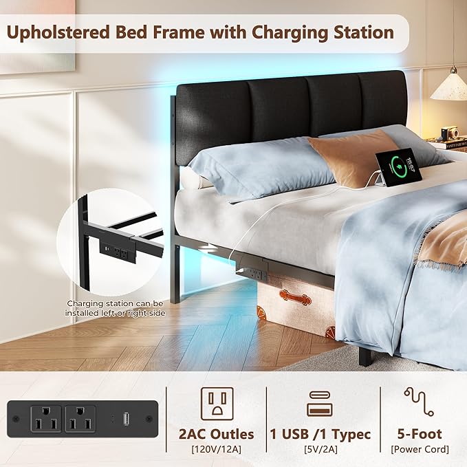 Furnulem Queen Bed Frame with Charging Station and LED Lights, Upholstered Headboard, Metal Platform Bed with 2 Fabric Storage Drawers, Noise Free, No Box Spring Needed, Gery