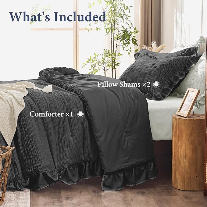 JOLLYVOGUE Black Queen Comforter Set, 3 Pieces Seersucker Comforters Queen Size, Lightweight & Fluffy Bedding Sets Queen for All Season with 1 Ruffle Comforter and 2 Ruffle Pillowshams