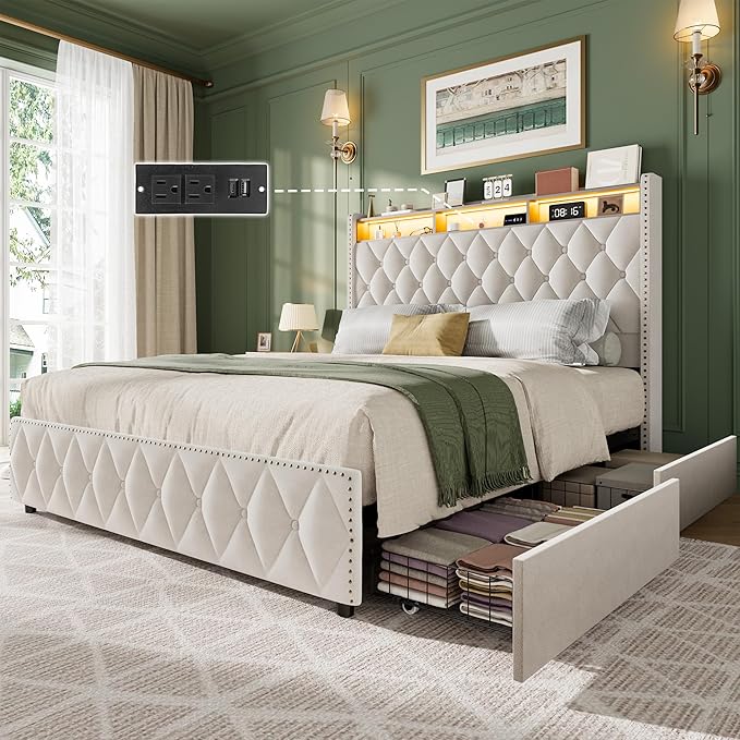 GarveeHome Queen Bed Frame with 50.8 in Tall Headboard, Platform Velvet Upholstered Bed Frame with 4 Storage Drawers, USB Charging Station, Led Lights, No Box Spring Needed, Easy Assembly, Beige