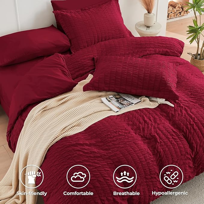 HYMOKEGE Burgundy Duvet Cover King Size, Ultra Soft 3-Piece Seersucker Duvet Cover Set with Zipper Closure, Soft Brushed Microfiber Bedding Set with 8 Corner Ties (104"x90", 2 Pillowshams)