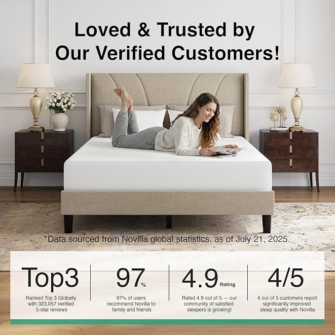 Novilla Queen Size Bed Frame, Queen Bed Frame with Headboard, Linen Upholstered Wing Side Headboard, No Box Spring Needed, Heavy Duty Feet, Easy Assembly, Beige