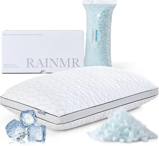 Rainmr Shredded Memory Foam Cooling Pillow for Sleeping, 20" x 36" King Size Pillow with Dual-Side Pillowcase - Cool & Bamboo-Derived Rayon Sides, Supportive Firm Bed Pillow (King)