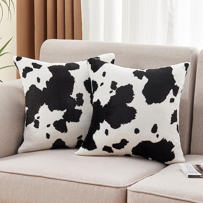 SOCHOW Decorative Throw Pillow Covers 18x18 Inches Set of 2, Soft Cow Print Flannel Fleece Pillowcase Square Cushion Covers for Sofa Couch Bed, Black/White