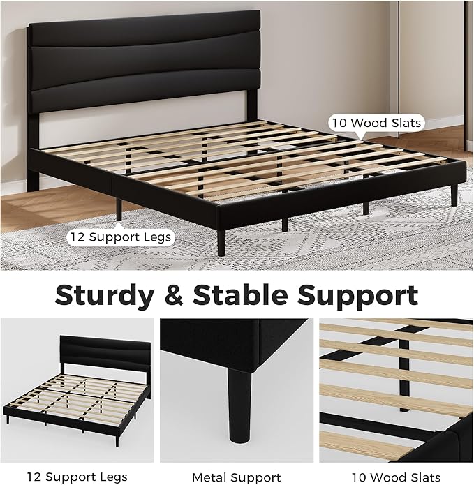 GarveeHome King Modern Upholstered Bed Frame with Soft Padded Headboard,Sturdy Metal Steel Slat Support, Noise-Free Quiet Design,Easy Assembly,Heavy Duty Stable Bed Frame(Black)