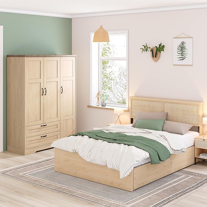 Yechen 3-Door Wooden Armoire Wardrobe Closet with Drawers and Shelves, Bedroom Armoires Closet with Mirror for Hanging Clothes, Coat, Farmhouse Wardrobe Cabinet for Large Storage Needed