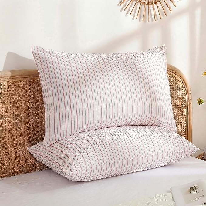 Merryword Standard Size Pillowcases, 100% Cotton Pillow Cases, White & Pink Striped Pillowcases, Soft Breathable Ticker Stripe Pillow Covers, Set of 2
