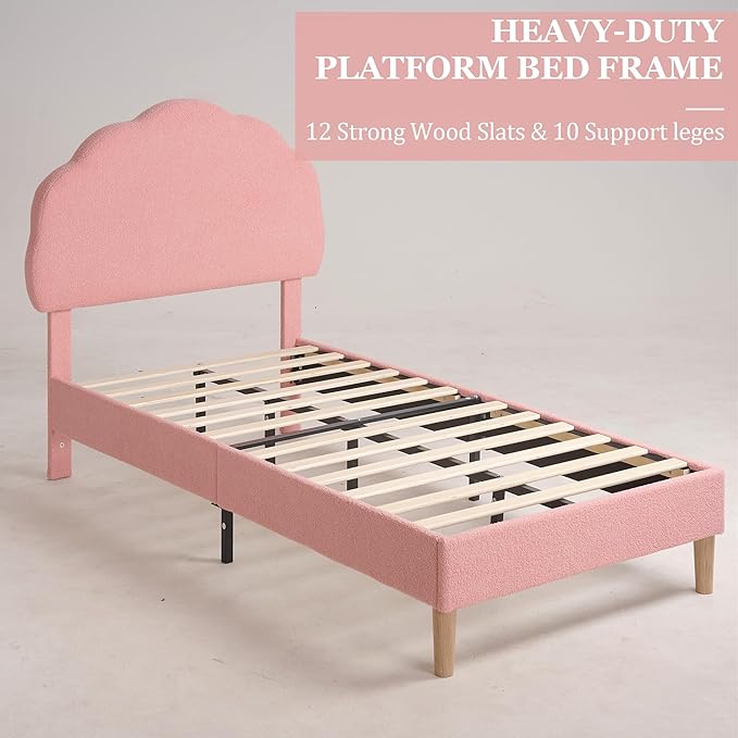 VECELO Twin Size Bed Frame, Upholstered Platform Bedframe with Height Adjustable Plush Fabric Headboard, Strong Wood Slat Supports, No Box Spring Needed, Pink