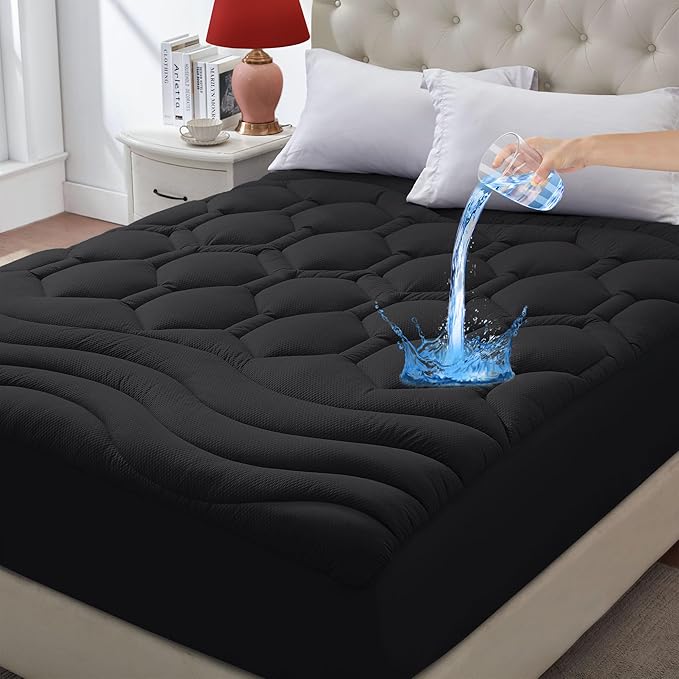 ELVEN HOME Full Size Mattress Pad Waterproof, Cooling Mattress Topper for Double Bed, Pillow Top Quilted Fitted Mattress Protector Cover with 8-21" Deep Pocket (54x75 inch, Black)