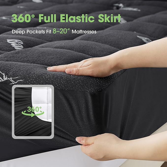 Mattress Pad Full Size, Cooling Pillow Top Mattress Topper, Ultra Soft Viscose from Bamboo, Breathable for Hot Sleepers, Deep Pocket 8"-20", Black
