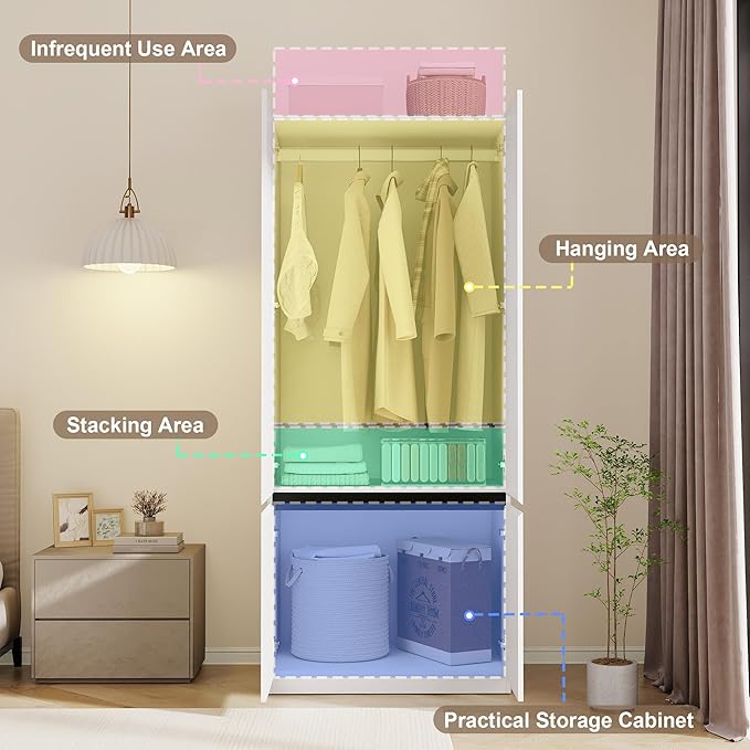 White Armoire Wardrobe Closet: 74" Large Wardrobe Closet with 6 Doors, Wood Closets Cabinet for Hanging Clothes, Freestanding Bedroom Armoires (94.5 in-6 Doors)