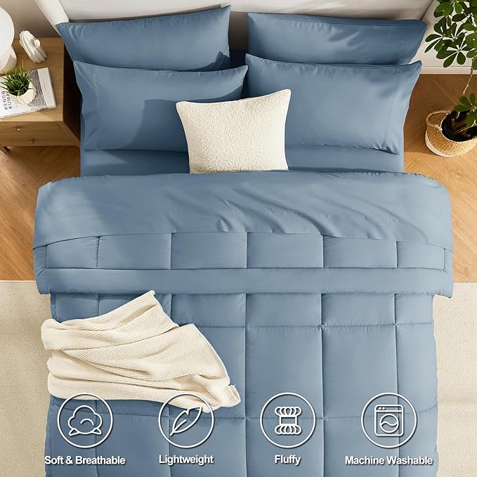 CozyLux Oversized Queen Comforter Sets Mineral Blue, 7 Pieces Bed in a Bag, Ultra-Soft All Season Bedding Sets with Stitch Quilted Comforter, Flat Sheet, Fitted Sheet, Pillowcases