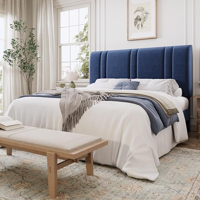 SHA CERLIN Full Size Platform Bed Frame, Velvet Upholstered Bed with Adjustable Headboard, Vertical Channel Tufted Design, Sturdy Wood Slat Support, No Box Spring Needed, Easy Assembly, Dark Blue