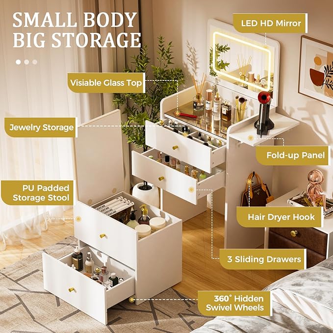 COMHOMA Makeup Vanity Desk with Mirror and Lights, Small 3 in 1 Vanity Table with Visible Glass Top, Flip Top & 3 Drawers, Compact Dresser with Storage Stool for Bedroom, Office or Nightstand